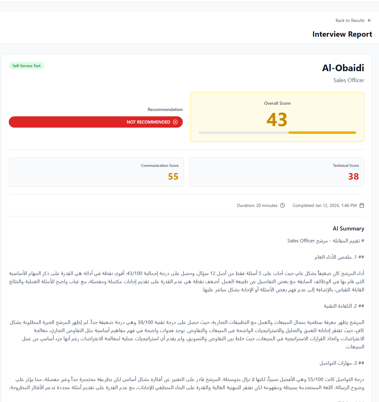 Detailed interview report with recommendation scores, communication ratings, and technical assessment